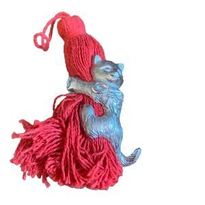 Vintage Kirk Stieff Pewter Christmas Ornament Kitten Cat Hanging On Tassel Yarn